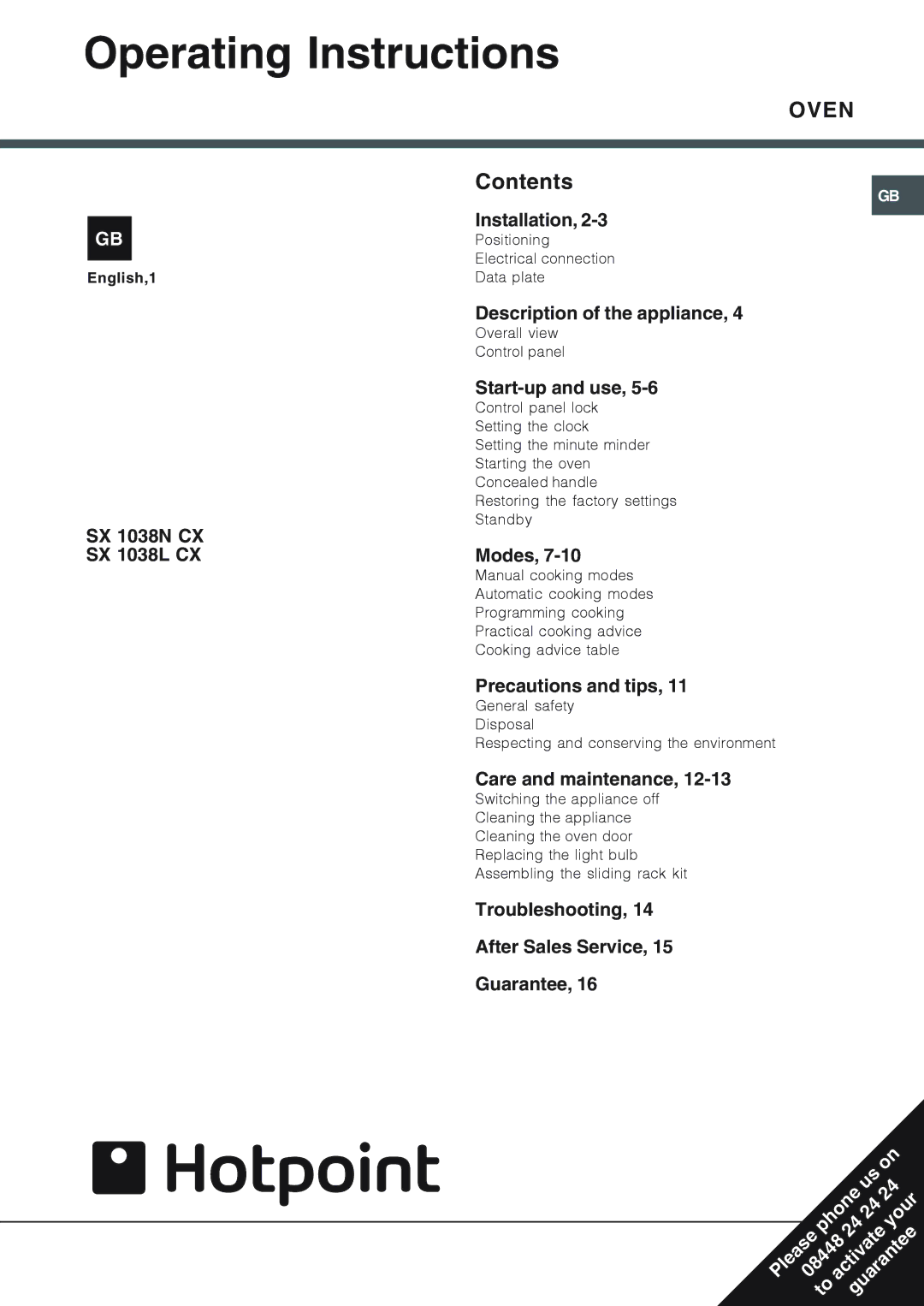 Hotpoint SX 1038L CX, SX 1038N CX operating instructions Operating Instructions, Oven 