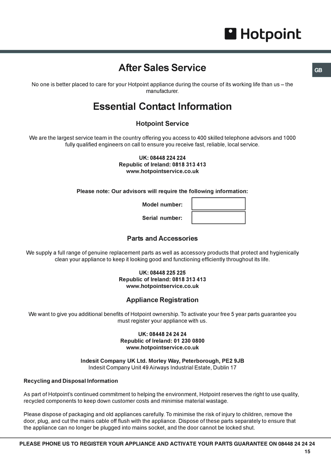 Hotpoint SX 1038L CX, SX 1038N CX operating instructions Hotpoint Service, Parts and Accessories, Appliance Registration 