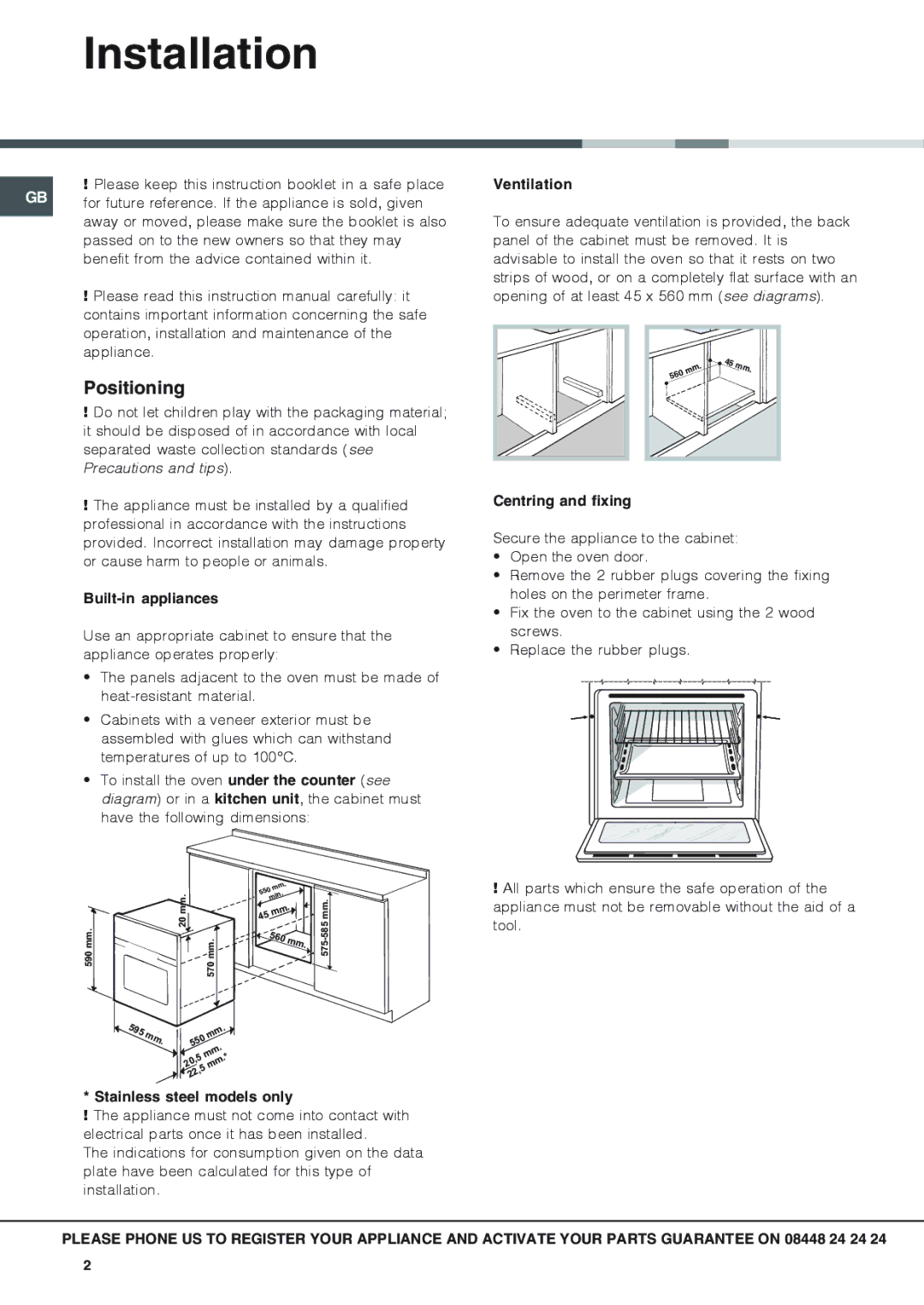 Hotpoint SX 1038N CX, SX 1038L CX operating instructions Installation, Positioning 