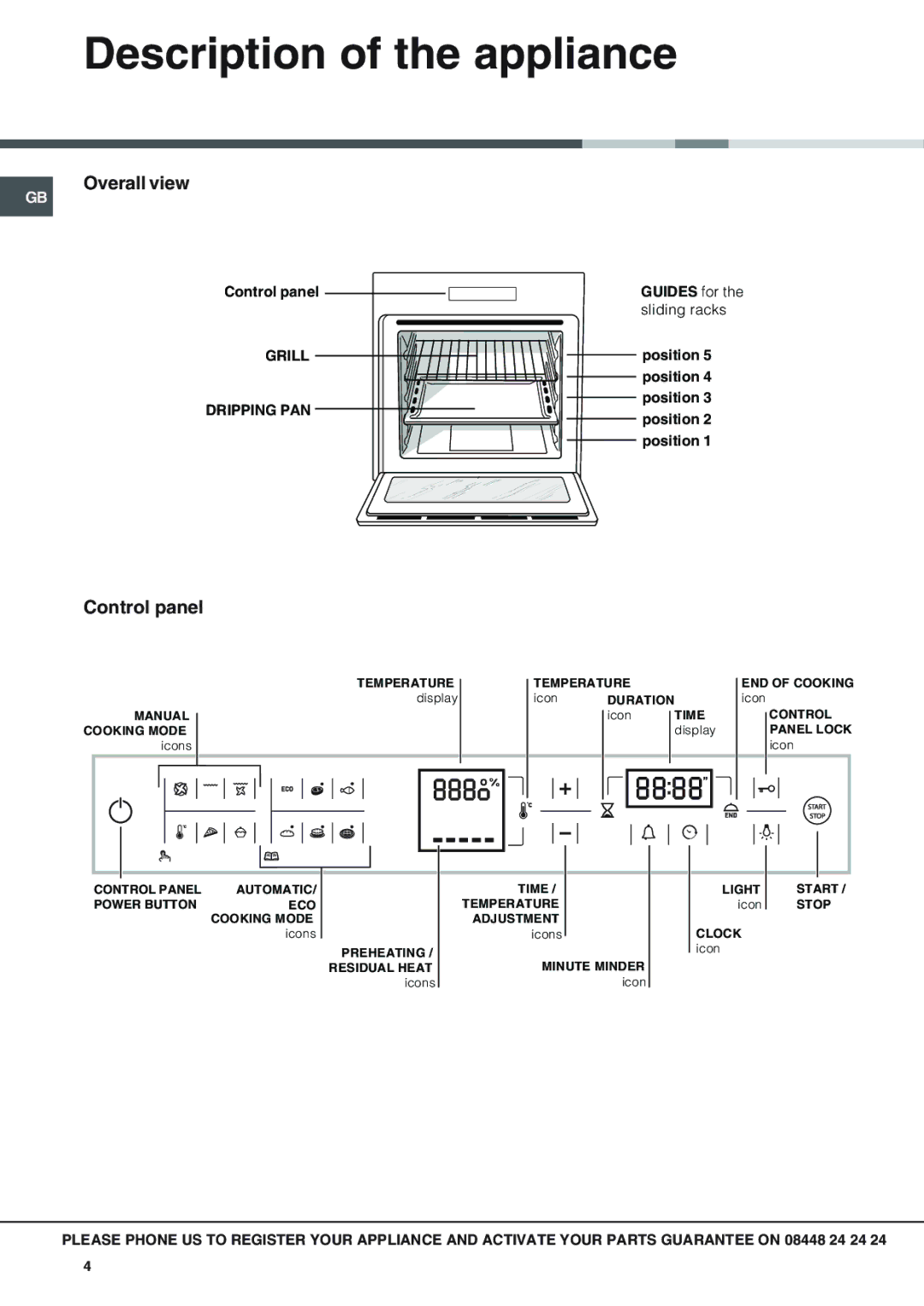 Hotpoint SX 1038N CX, SX 1038L CX operating instructions Description of the appliance, Overall view, Control panel 