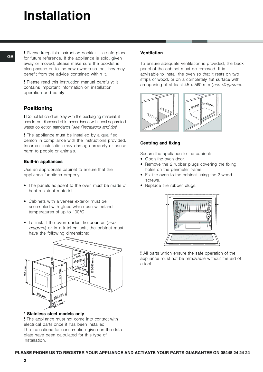 Hotpoint SX 1049L CX, SX 1049Q CX manual Installation, Positioning 