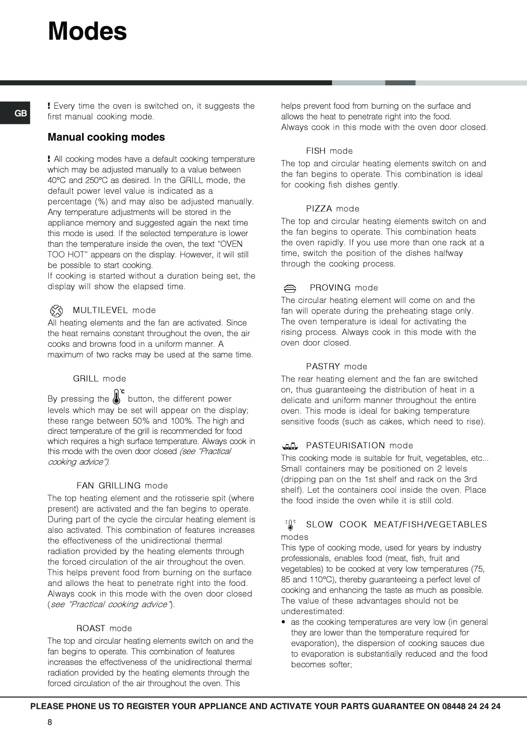 Hotpoint SX 1049L CX, SX 1049Q CX manual Modes, Manual cooking modes 