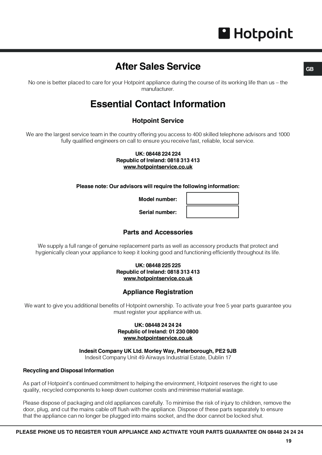 Hotpoint SX 1049Q CX manual Essential Contact Information, Hotpoint Service, Parts and Accessories, Appliance Registration 
