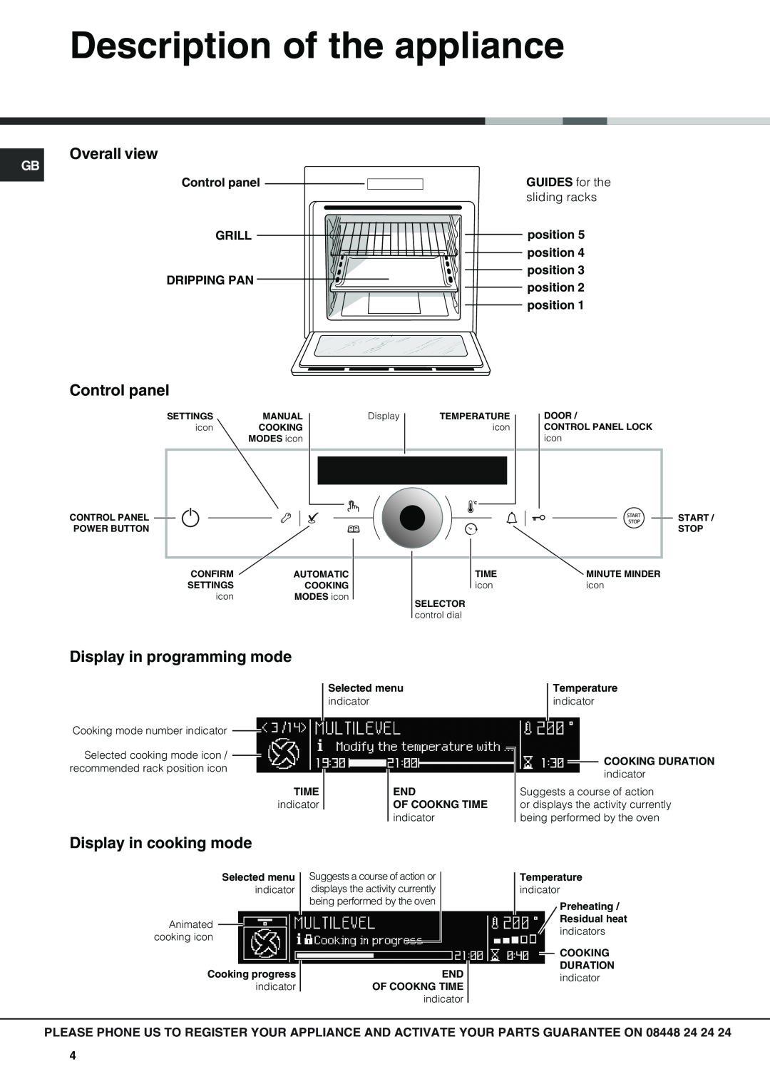 Hotpoint SX 1049L CX, SX 1049Q CX Description of the appliance, Overall view, Control panel, Display in programming mode 