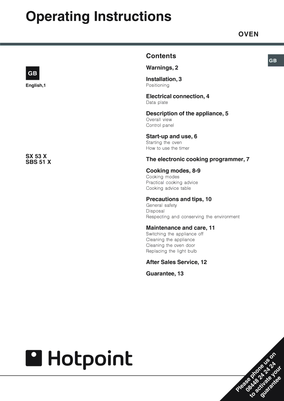 Hotpoint SBS 51 X, SX 53 X operating instructions Operating Instructions, Oven 