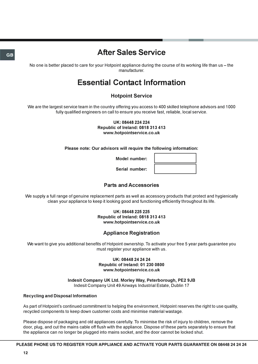 Hotpoint SX 53 X, SBS 51 X operating instructions Hotpoint Service, Parts and Accessories, Appliance Registration 