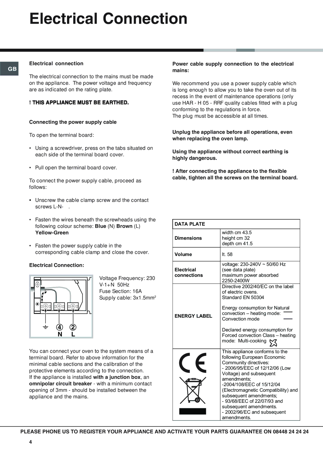 Hotpoint SX 53 X, SBS 51 X Electrical Connection, Electrical connection, Connecting the power supply cable 