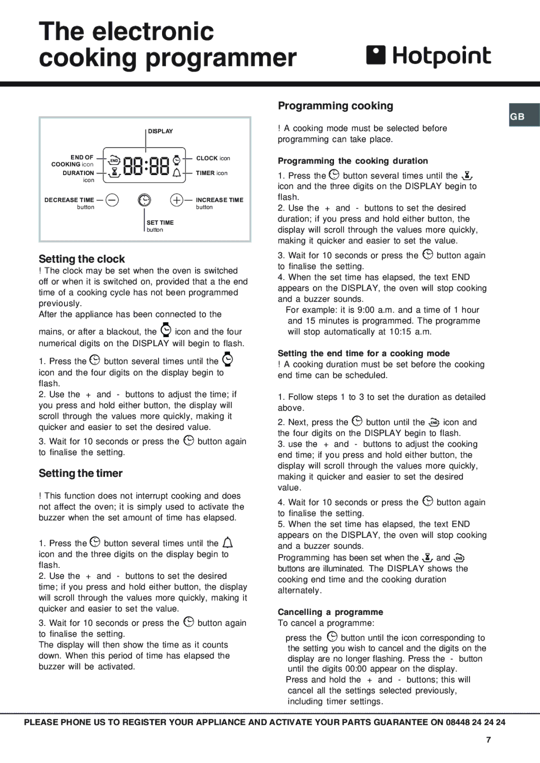 Hotpoint SBS 51 X, SX 53 X Electronic cooking programmer, Setting the clock, Setting the timer, Programming cooking 