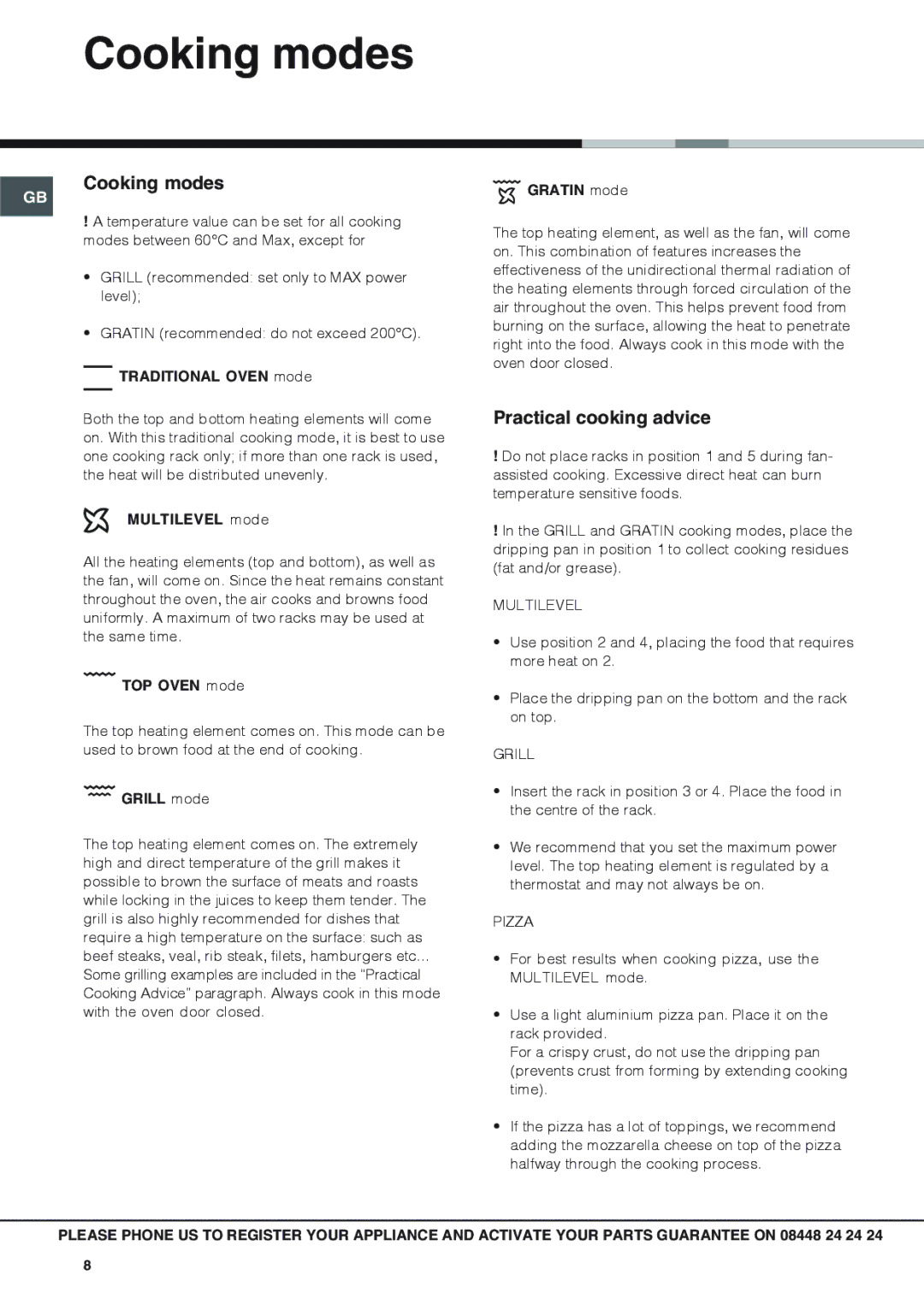 Hotpoint SX 53 X, SBS 51 X operating instructions Cooking modes, Practical cooking advice 