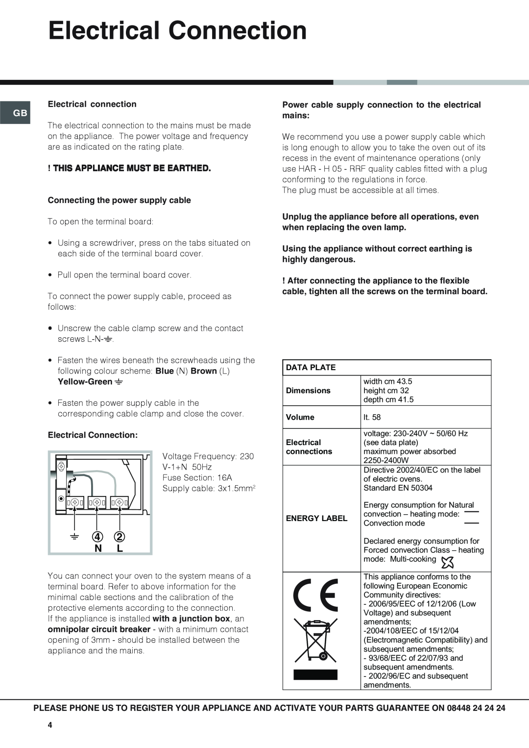 Hotpoint SX 53 X, SBS 51 X operating instructions Electrical Connection, 4 2 N L, Electrical connection 