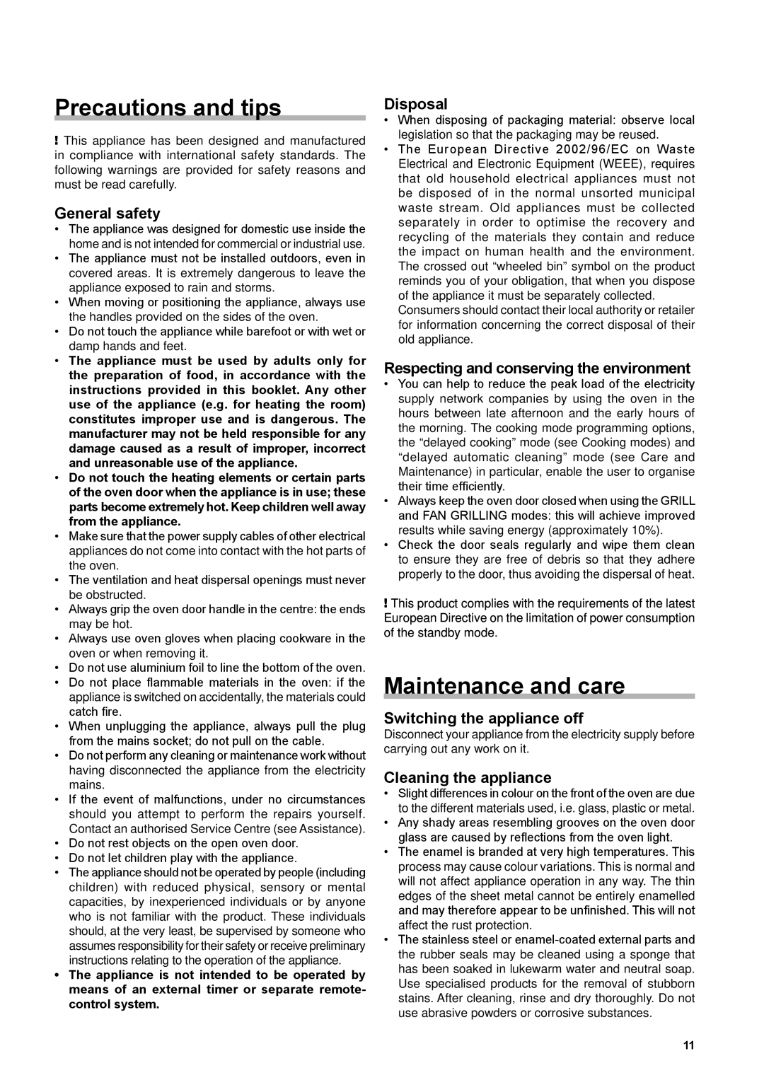 Hotpoint SX 896 PX S manual Precautions and tips, Maintenance and care 