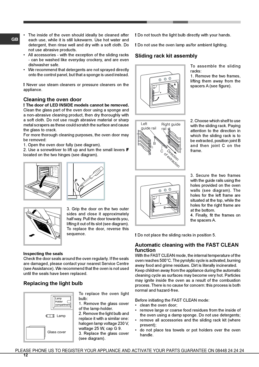 Hotpoint SX 896 PX S manual Sliding rack kit assembly, Cleaning the oven door, Inspecting the seals 