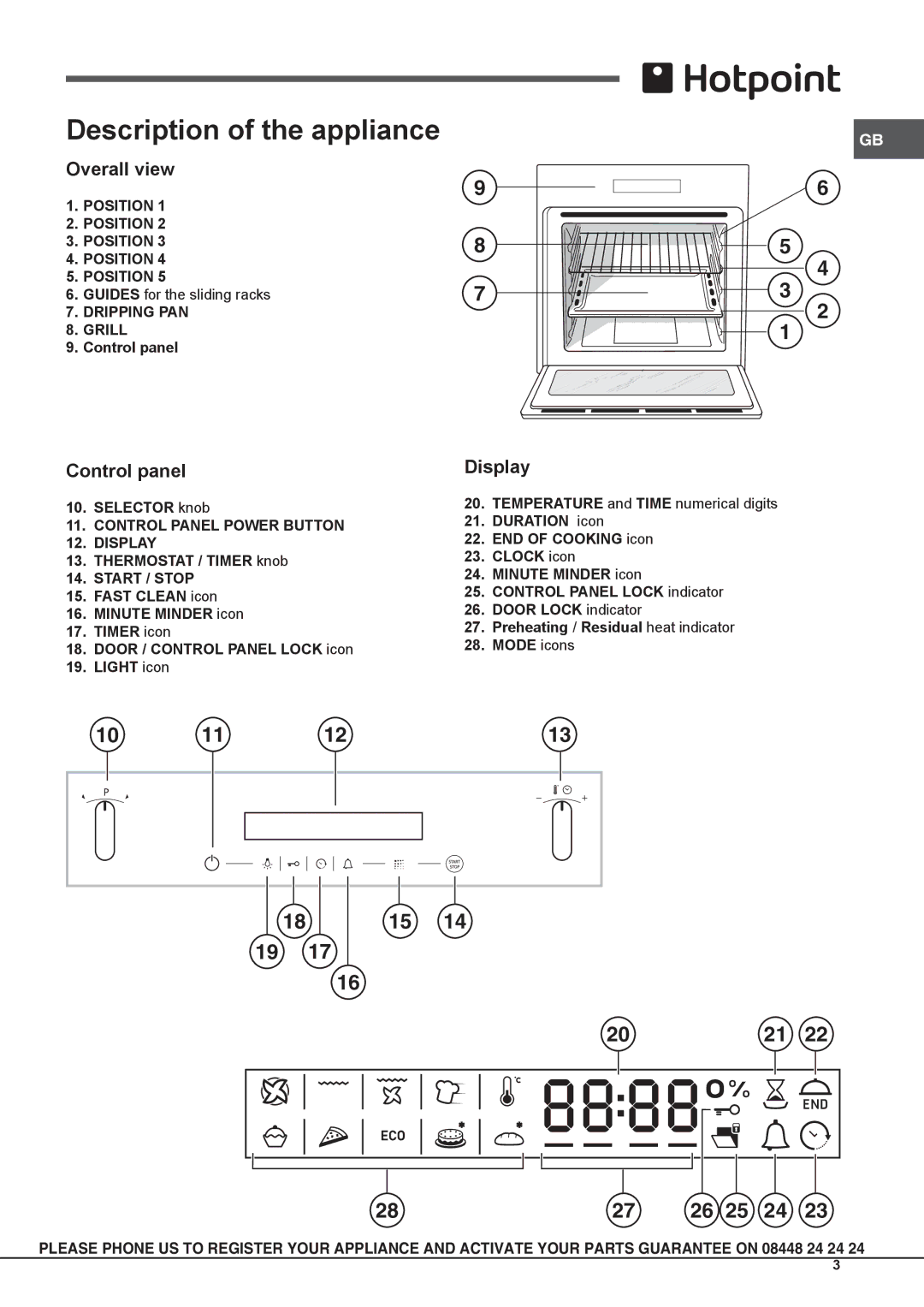 Hotpoint SX 896 PX S manual Description of the appliance, Overall view, Control panel Display 