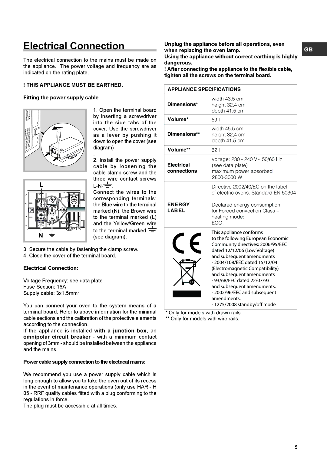 Hotpoint SX 896 PX S manual Electrical Connection, To the terminal marked see diagram 