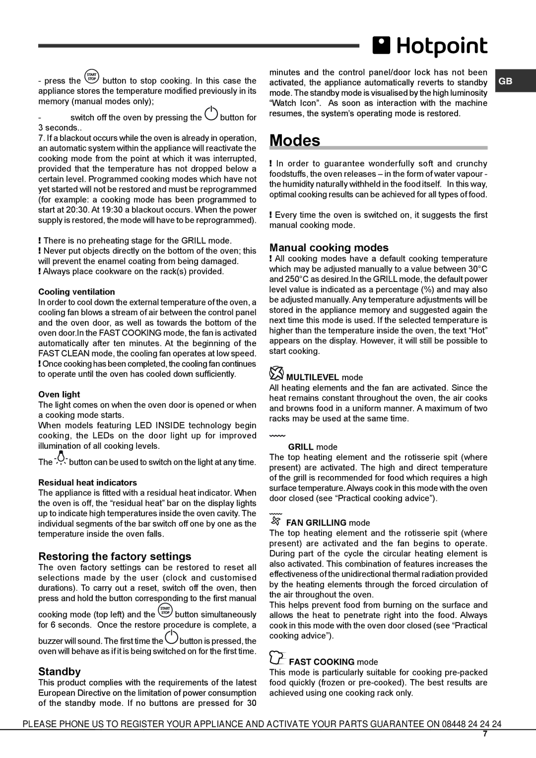 Hotpoint SX 896 PX S manual Modes, Restoring the factory settings, Standby, Manual cooking modes 