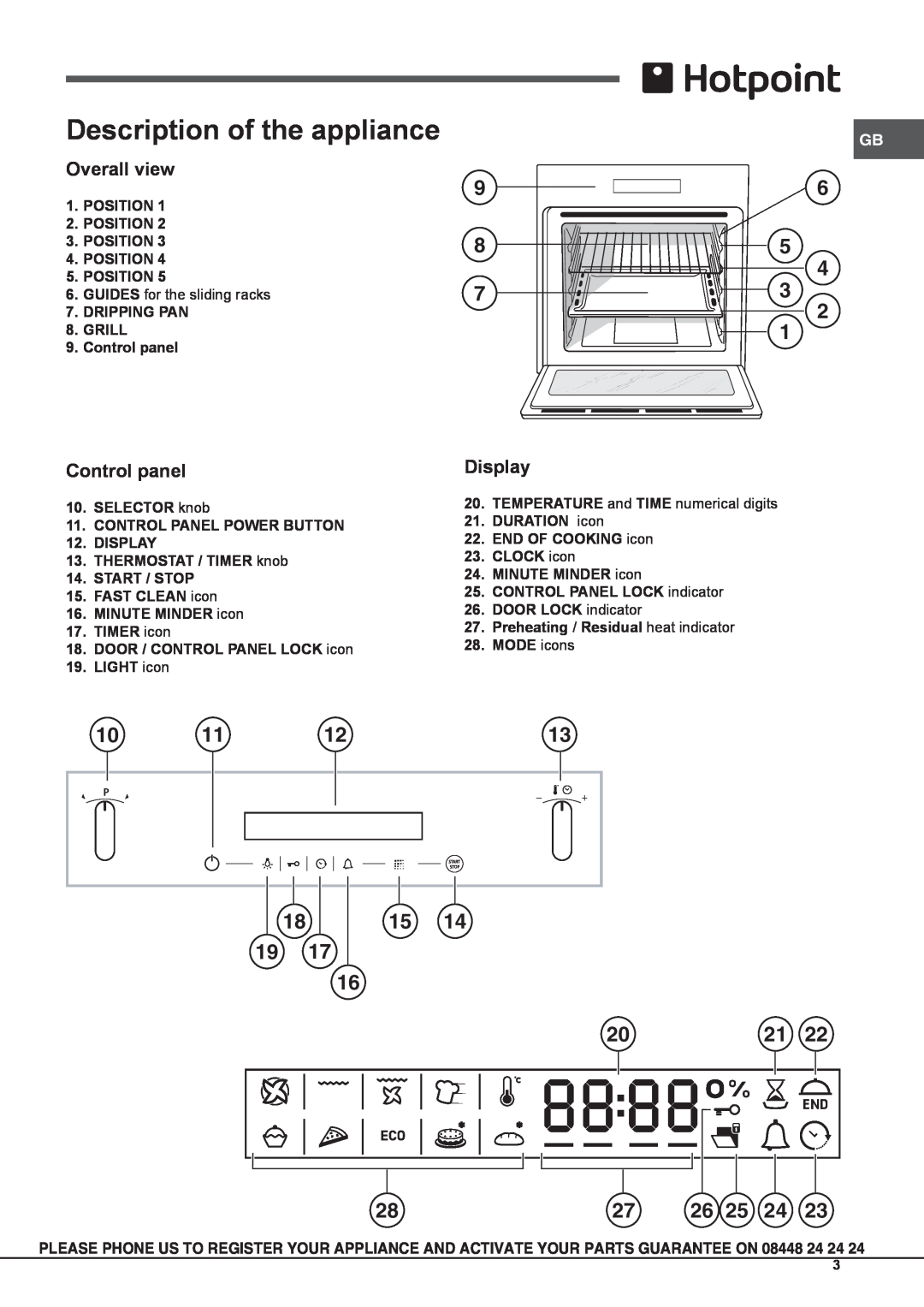 Hotpoint SX 896 PX S Description of the appliance, Overall view, Control panel, Display, Position, Dripping Pan, Grill 