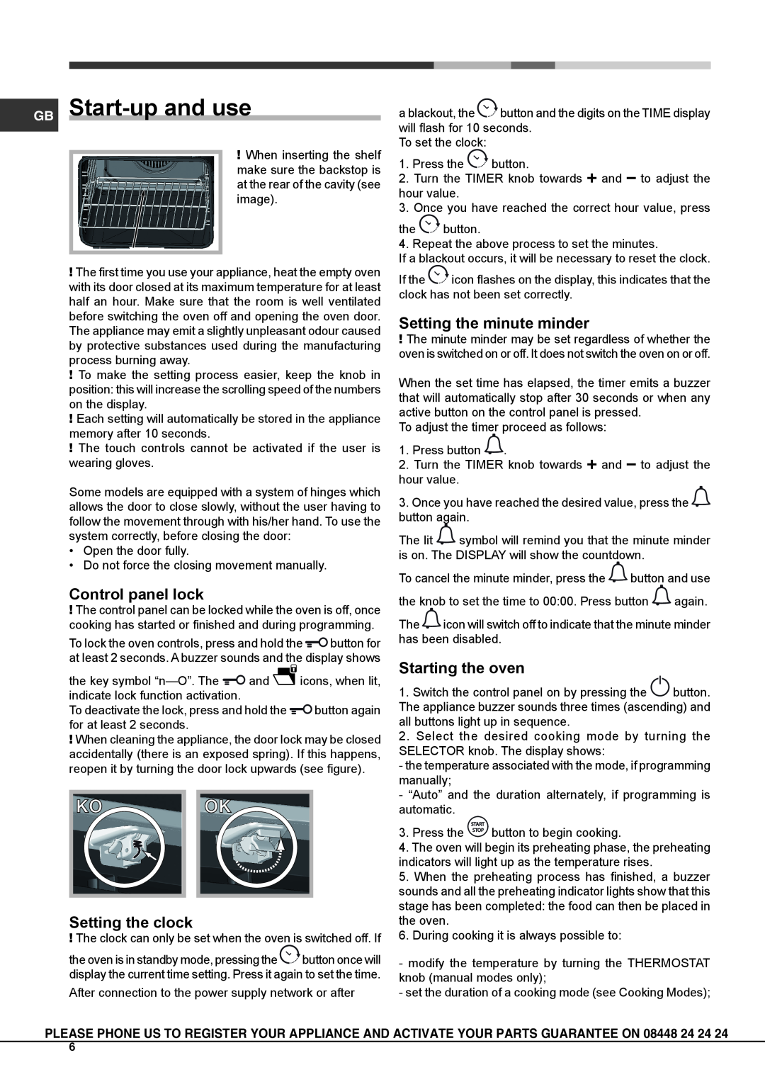 Hotpoint SX 896 PX S manual GB Start-up and use, Control panel lock, Setting the clock, Setting the minute minder 