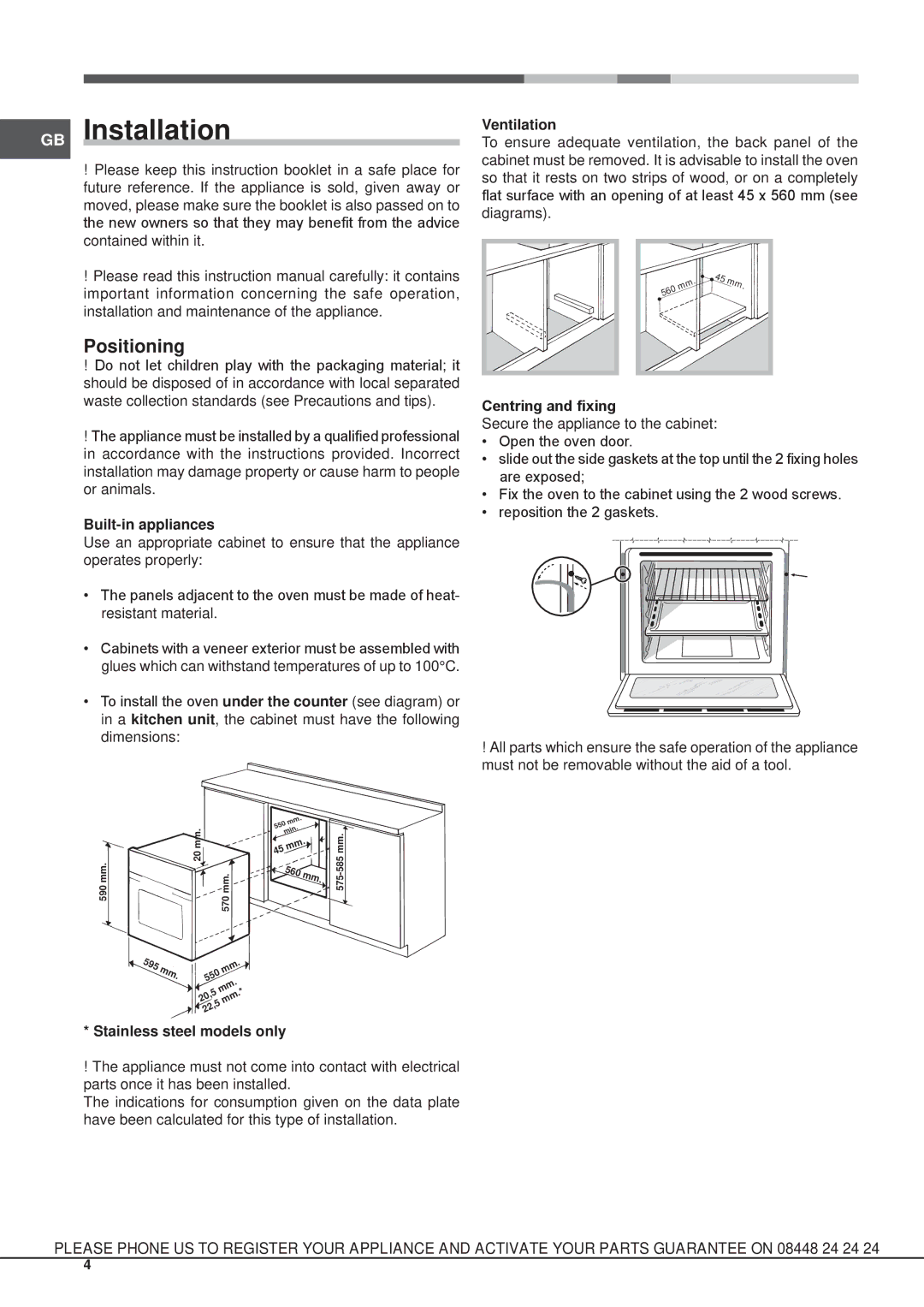 Hotpoint SX 896L PX S manual GB Installation, Positioning 