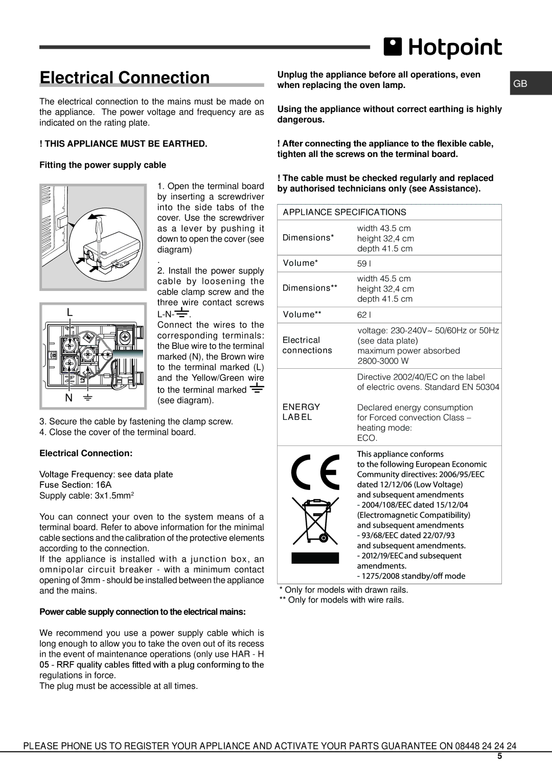 Hotpoint SX 896L PX S manual Electrical Connection, Tighten all the screws on the terminal board 