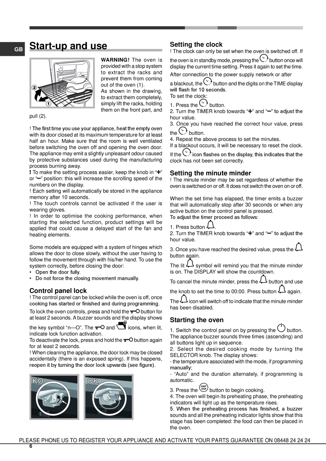 Hotpoint SX 896L PX S manual GB Start-up and use, Setting the clock, Control panel lock, Setting the minute minder 