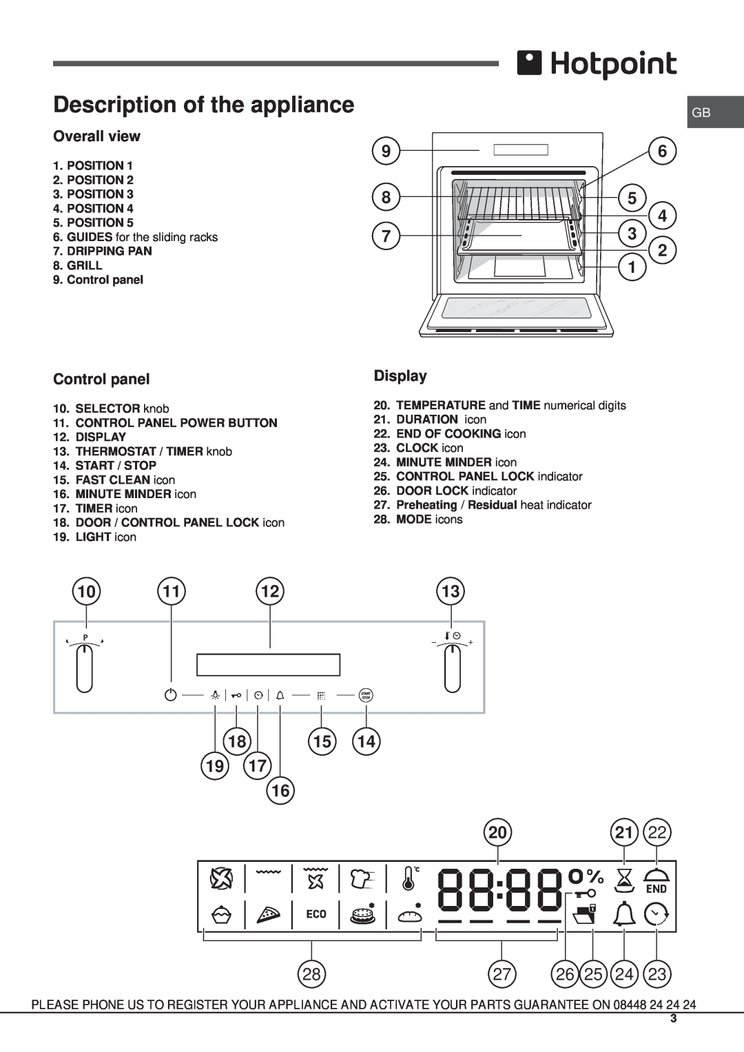 Hotpoint SX 896L PX S Description of the appliance, Overall view, Control panel, Display, Position, Dripping Pan, Grill 