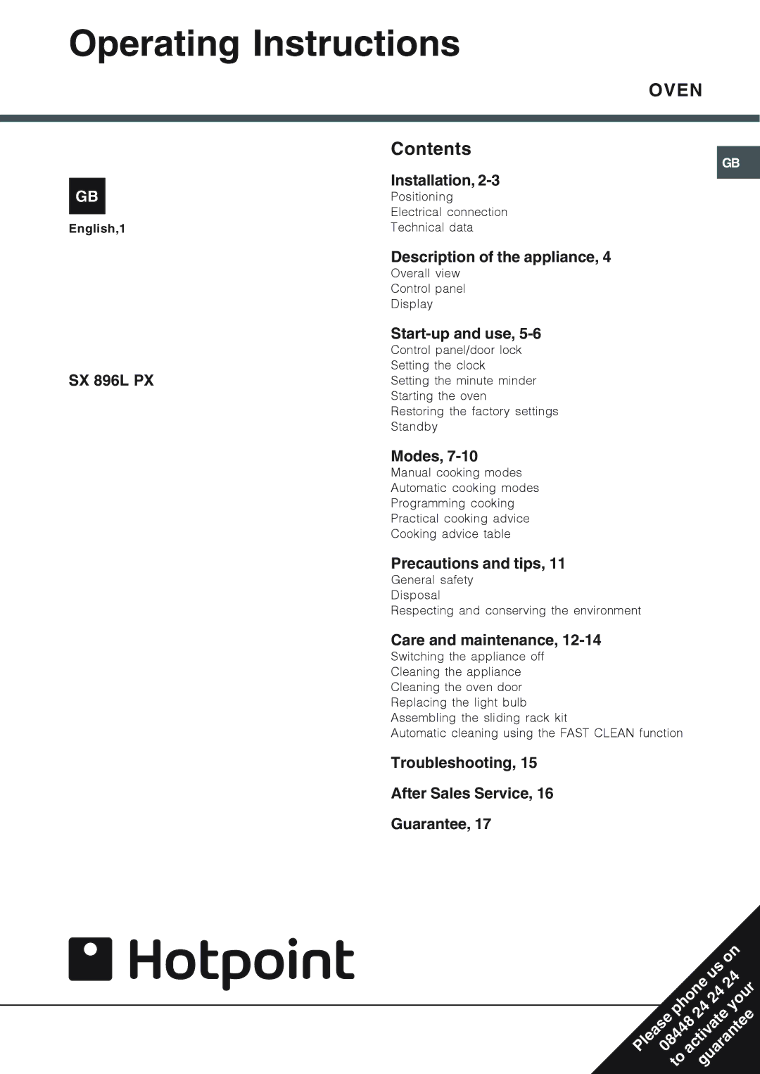 Hotpoint SX 896L PX manual Operating Instructions, Oven 