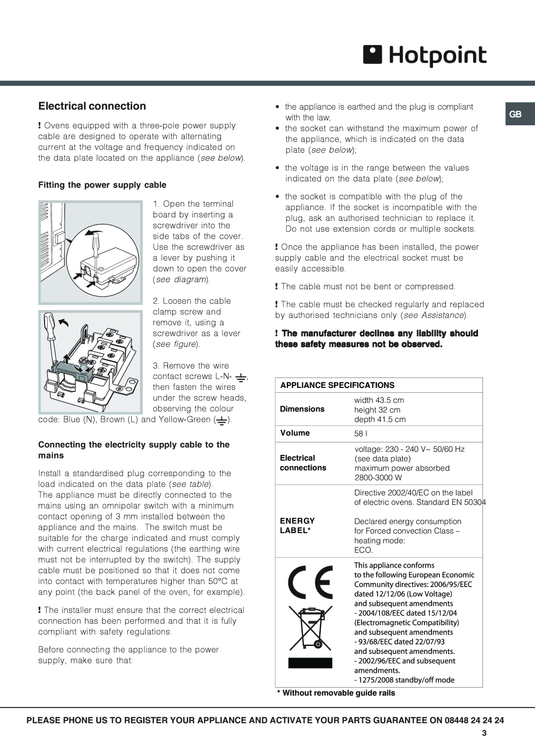 Hotpoint SX 896L PX manual Electrical connection, Fitting the power supply cable 