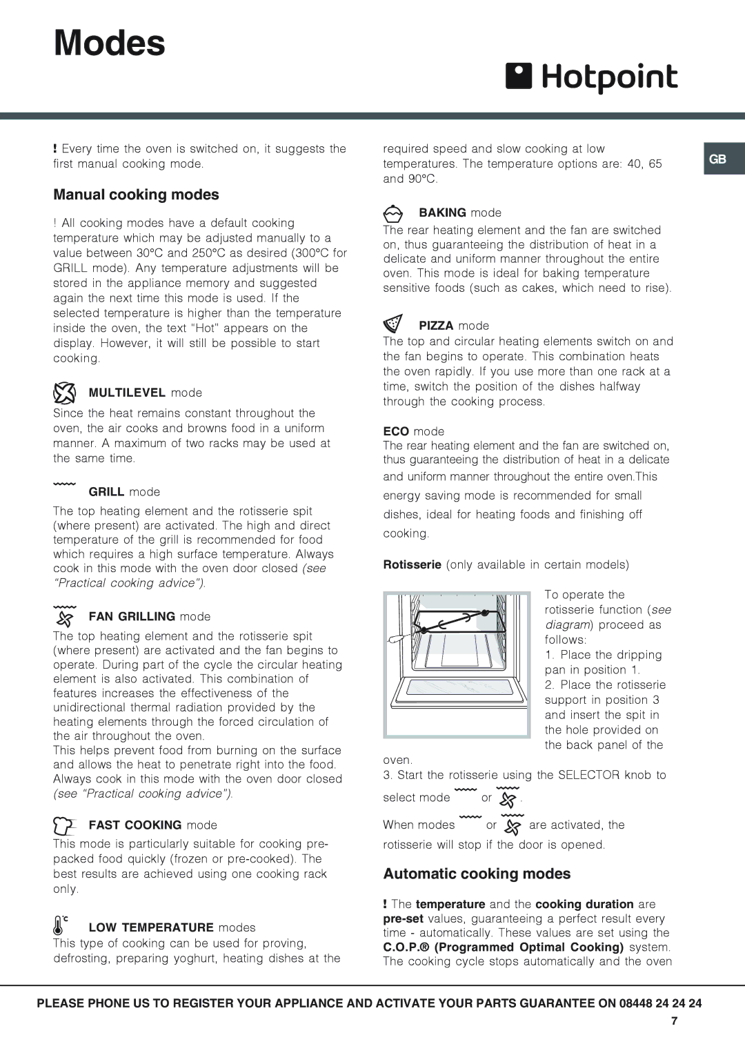 Hotpoint SX 896L PX manual Modes, Manual cooking modes, Automatic cooking modes 