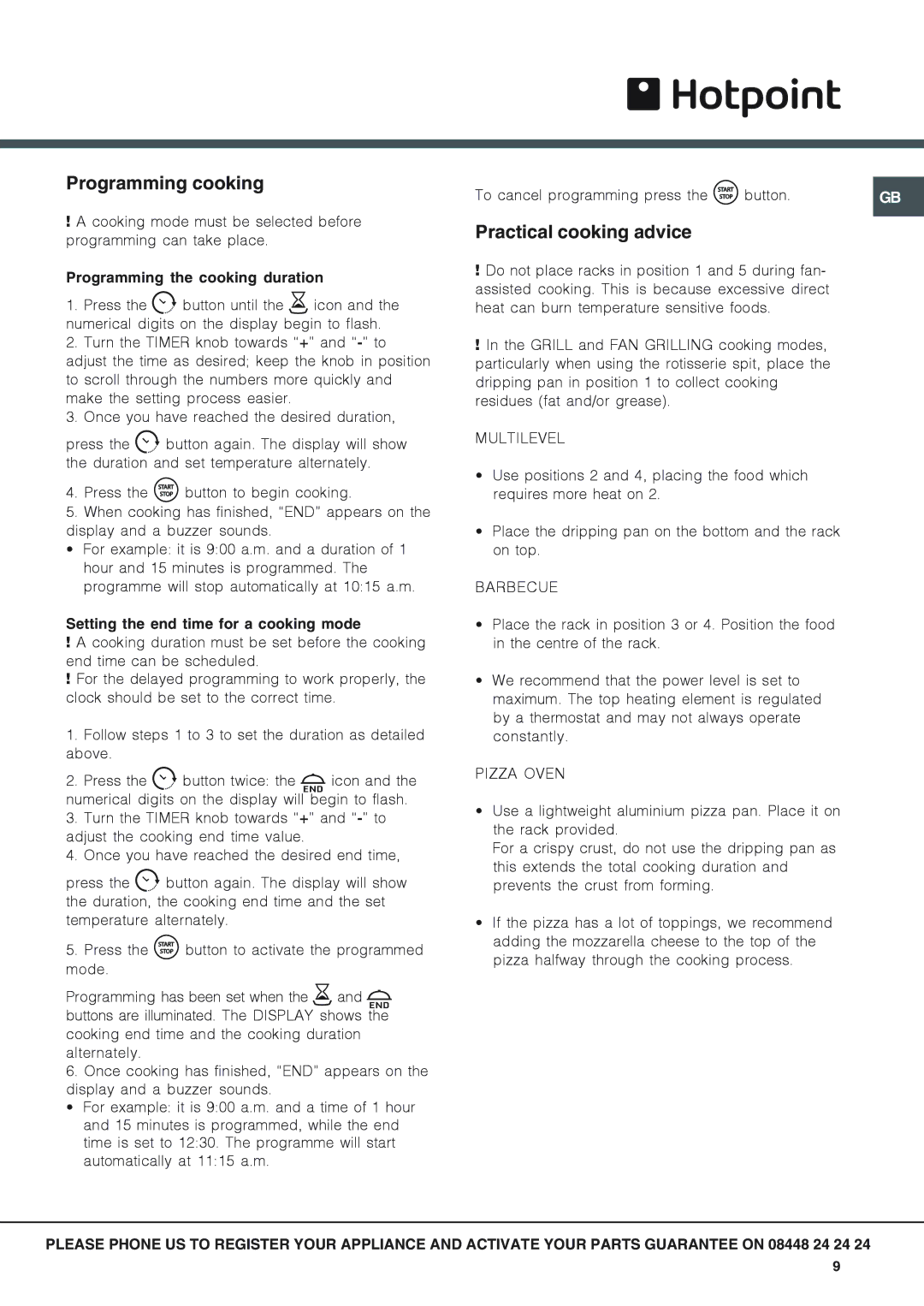 Hotpoint SX 896L PX manual Programming cooking, Practical cooking advice, Programming the cooking duration 