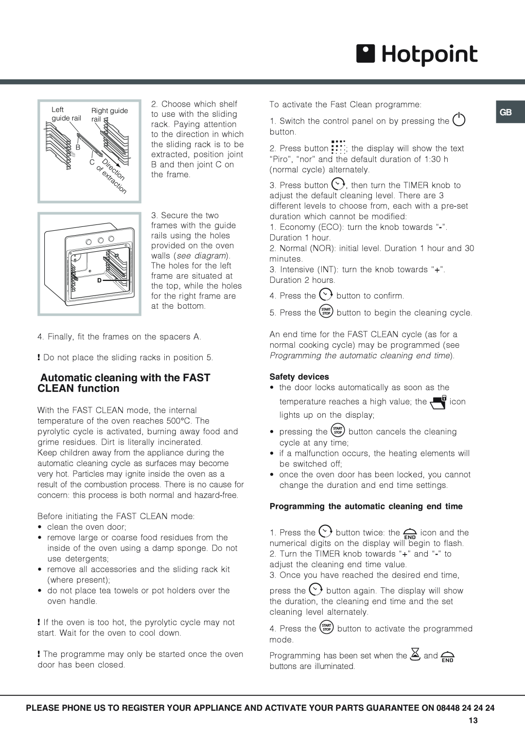 Hotpoint SX 896L PX manual Automatic cleaning with the FAST CLEAN function, walls see diagram, Safety devices 