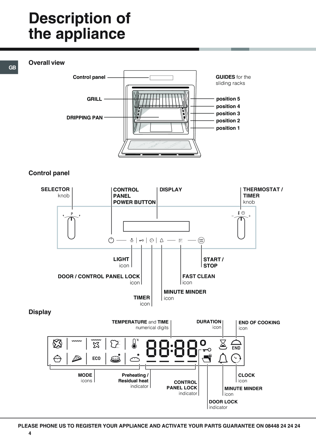 Hotpoint SX 896L PX manual Description of the appliance, Overall view, Control panel, Display 