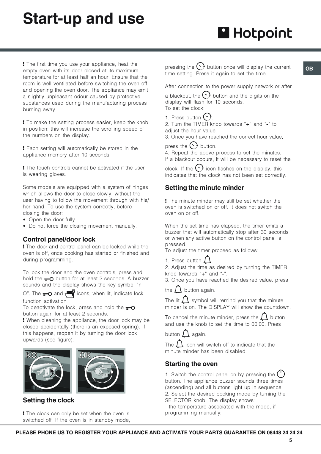 Hotpoint SX 896L PX manual Start-up and use, Control panel/door lock, Setting the clock, Setting the minute minder 