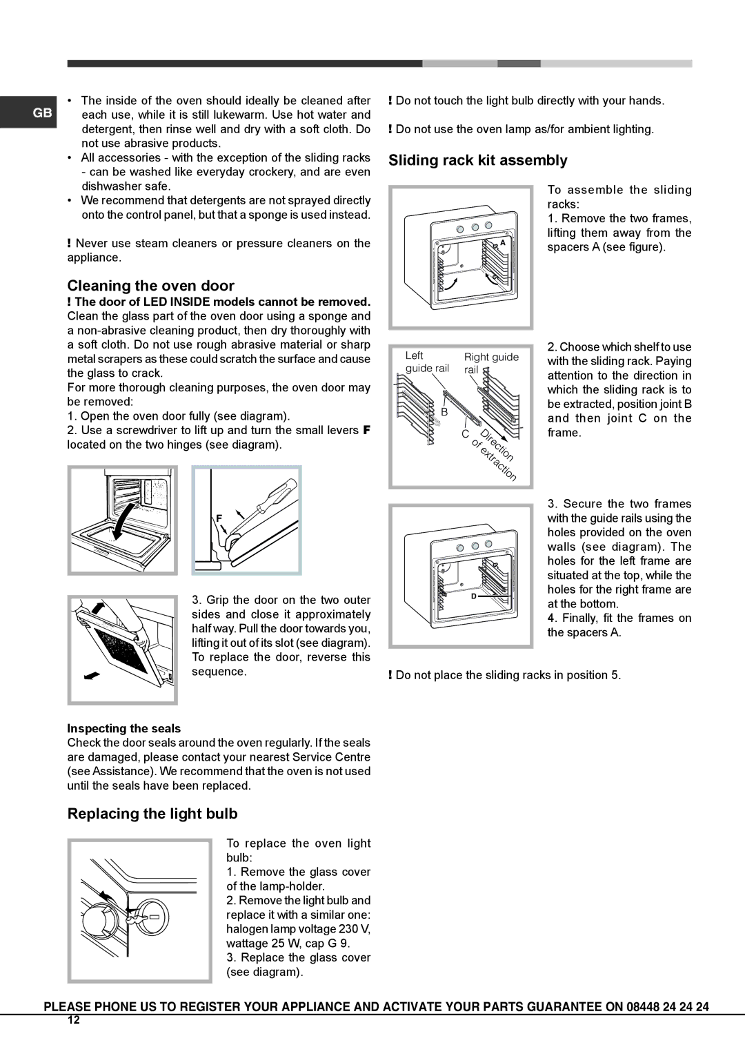 Hotpoint SX 898 CW S Sliding rack kit assembly, Cleaning the oven door, Replacing the light bulb, Inspecting the seals 