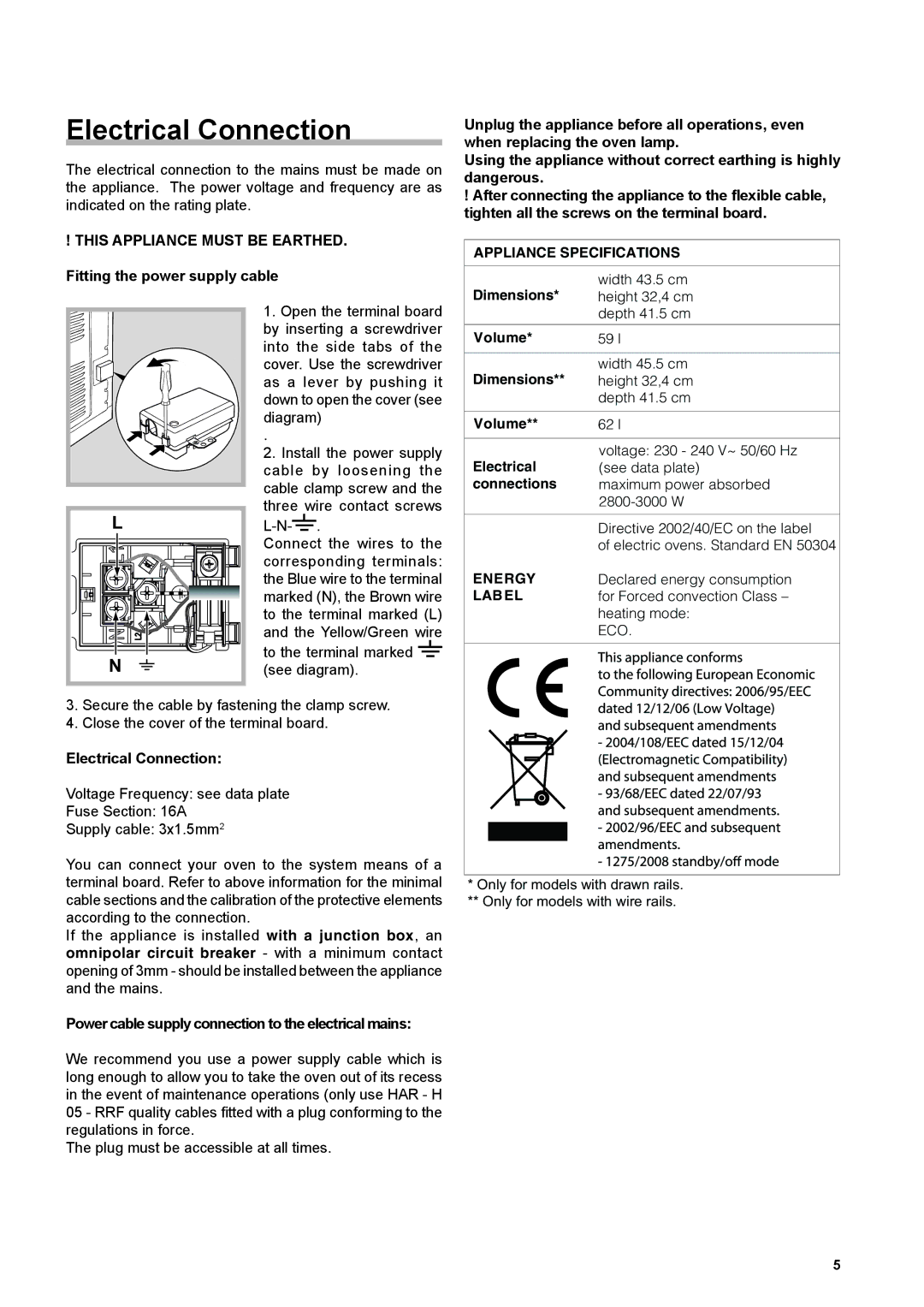 Hotpoint SX 989 CX S, SX 898 CW S, SX 898 CK S manual Electrical Connection, To the terminal marked see diagram 