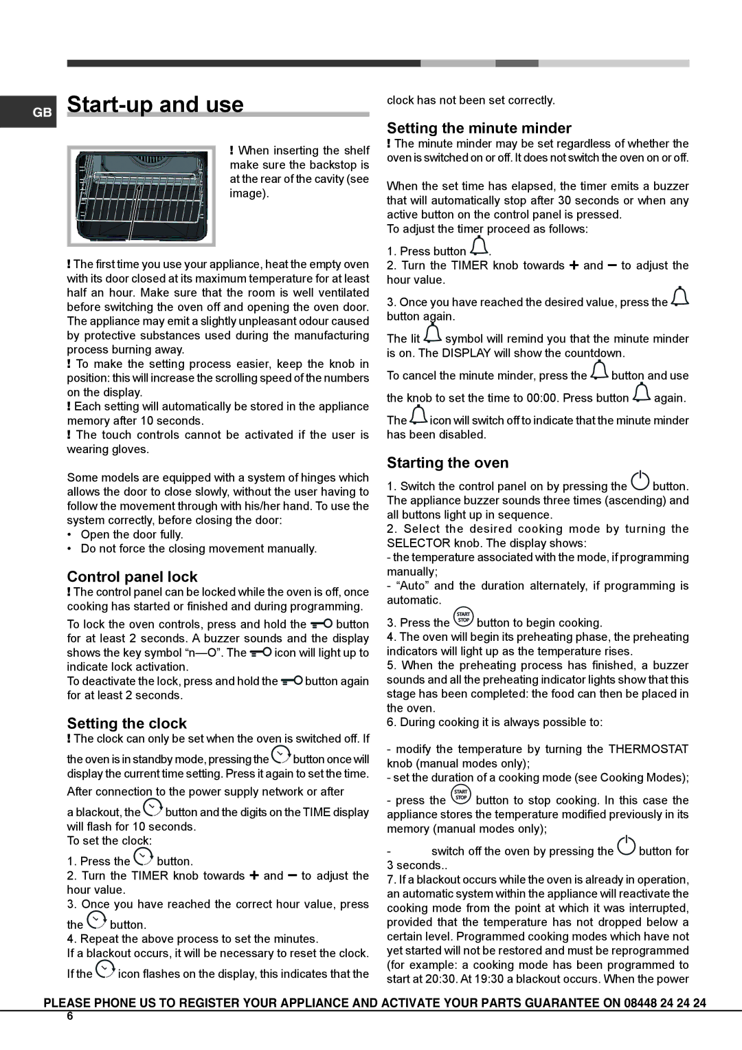 Hotpoint SX 898 CW S, SX 898 CK S GB Start-up and use, Control panel lock, Setting the clock, Setting the minute minder 