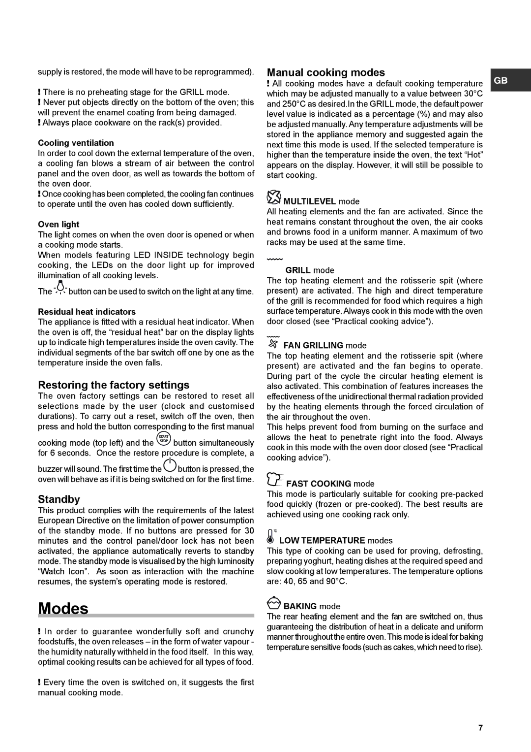 Hotpoint SX 898 CK S, SX 898 CW S, SX 989 CX S manual Modes, Restoring the factory settings, Standby, Manual cooking modes 