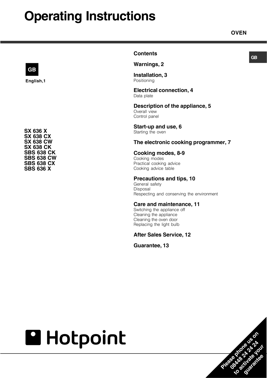 Hotpoint SX manual Operating Instructions 