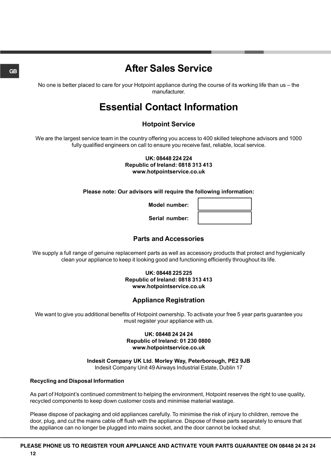 Hotpoint SX manual Hotpoint Service, Parts and Accessories, Appliance Registration 