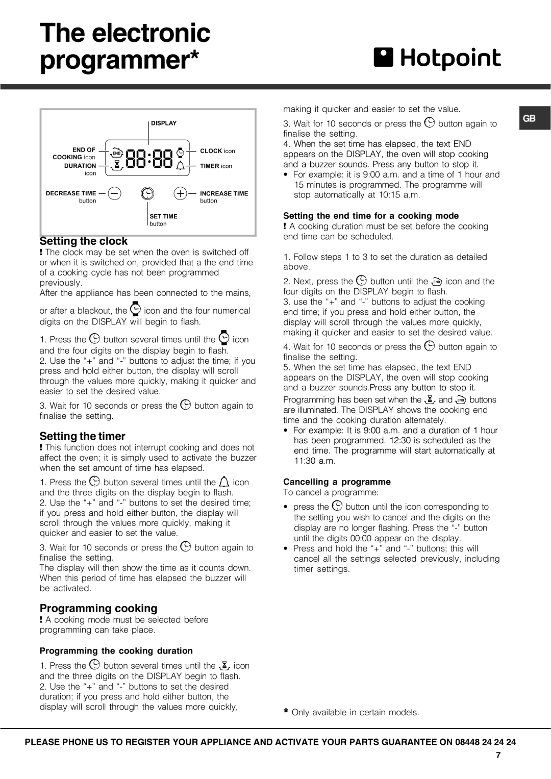 Hotpoint SX manual Setting the clock, Setting the timer, Programming cooking 