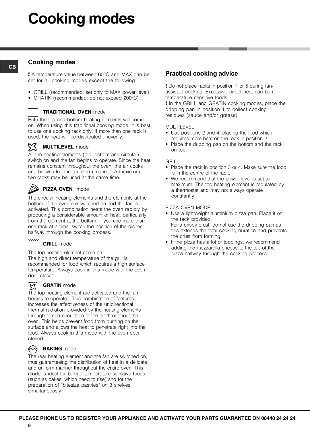 Hotpoint SX manual Cooking modes, Practical cooking advice 