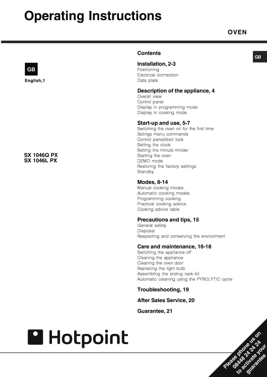 Hotpoint SX 1046Q PX, SX1046L PX operating instructions Operating Instructions 