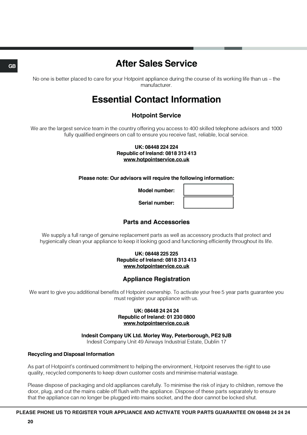 Hotpoint SX1046L PX, SX 1046Q PX operating instructions Hotpoint Service, Parts and Accessories, Appliance Registration 