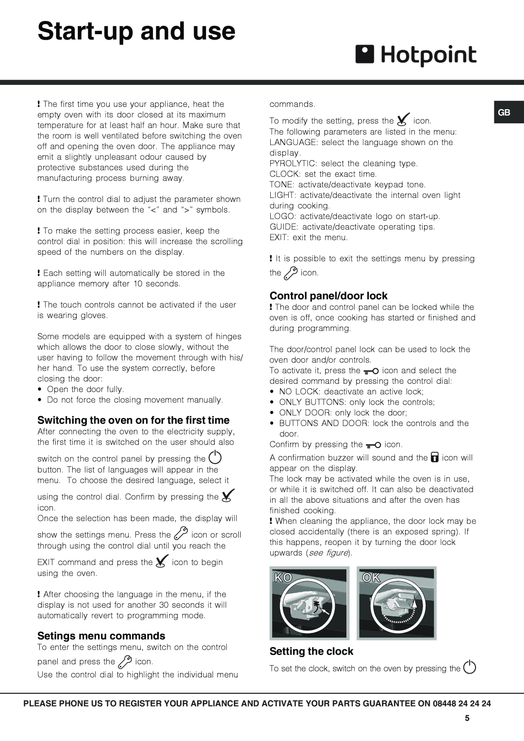 Hotpoint SX 1046Q PX Start-up and use, Switching the oven on for the first time, Setings menu commands, Setting the clock 