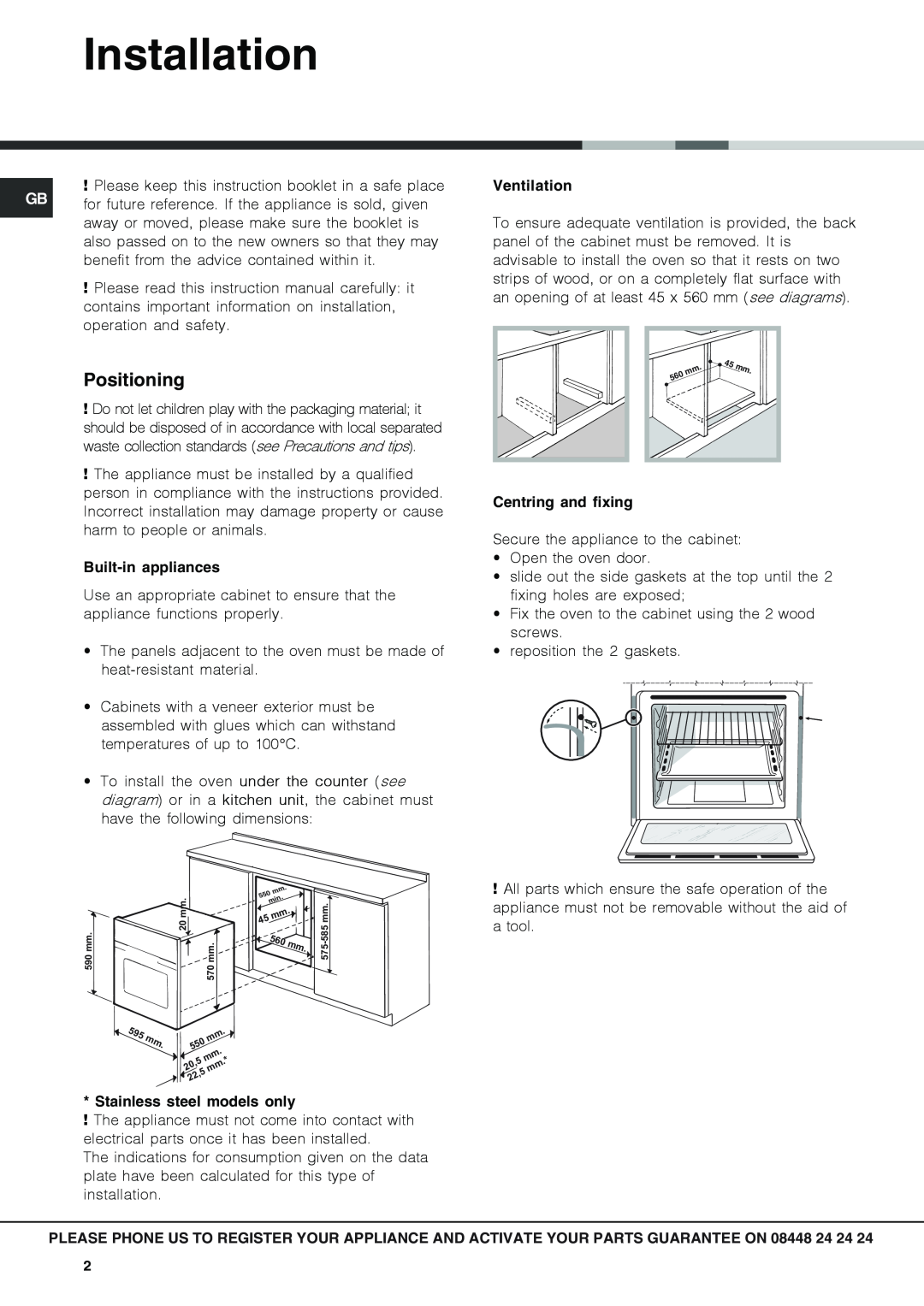 Hotpoint SX1046L PX, SX 1046Q PX operating instructions Installation, Positioning 