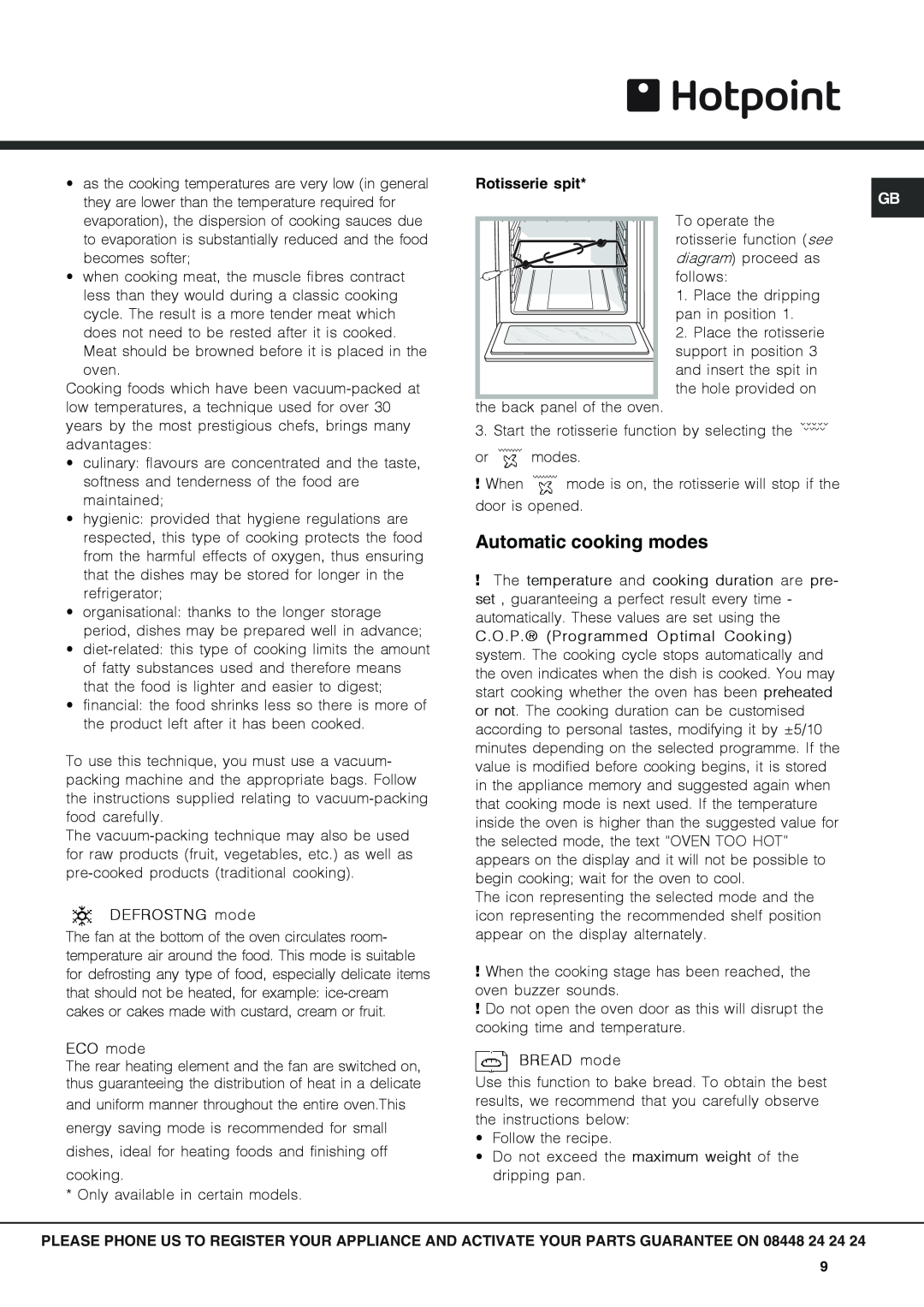 Hotpoint SX 1046Q PX, SX1046L PX operating instructions Automatic cooking modes 
