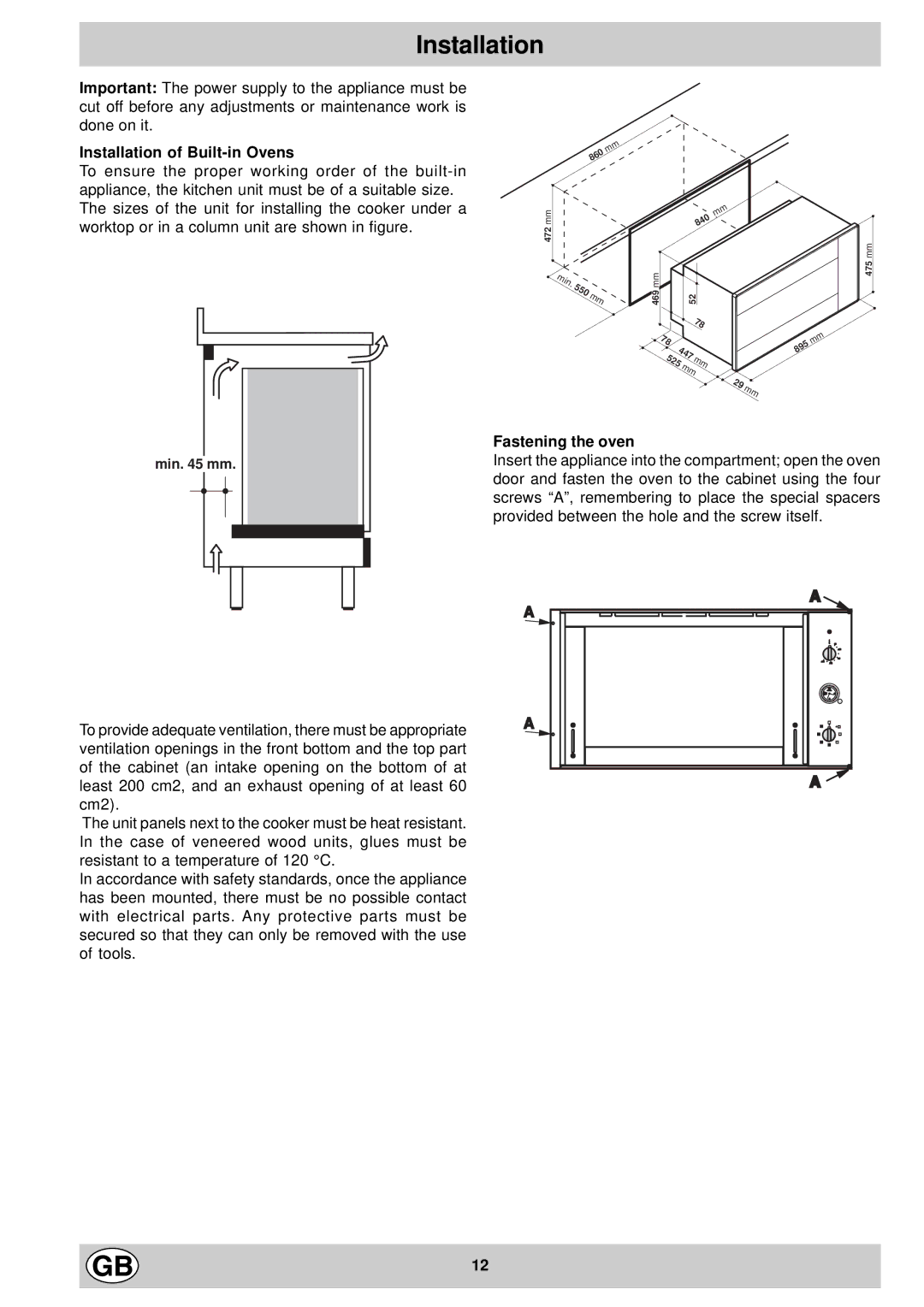 Hotpoint SX995X manual Installation of Built-in Ovens, Fastening the oven 