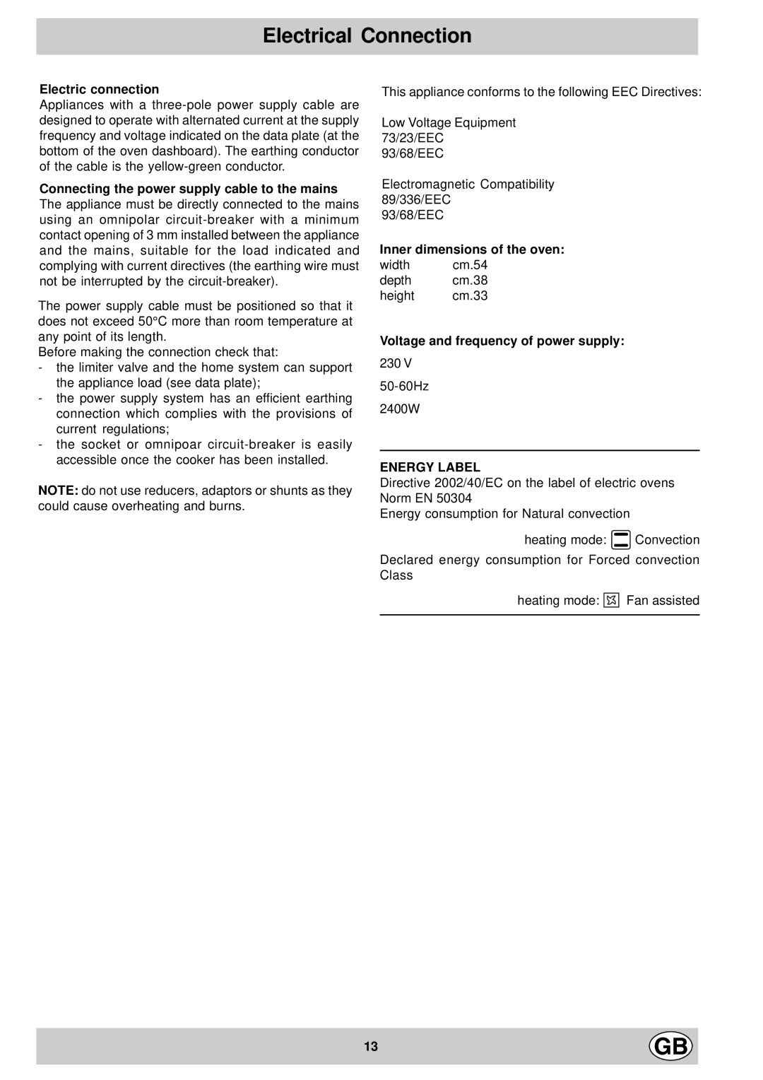 Hotpoint SX995X manual Electrical Connection, Electric connection, Connecting the power supply cable to the mains 