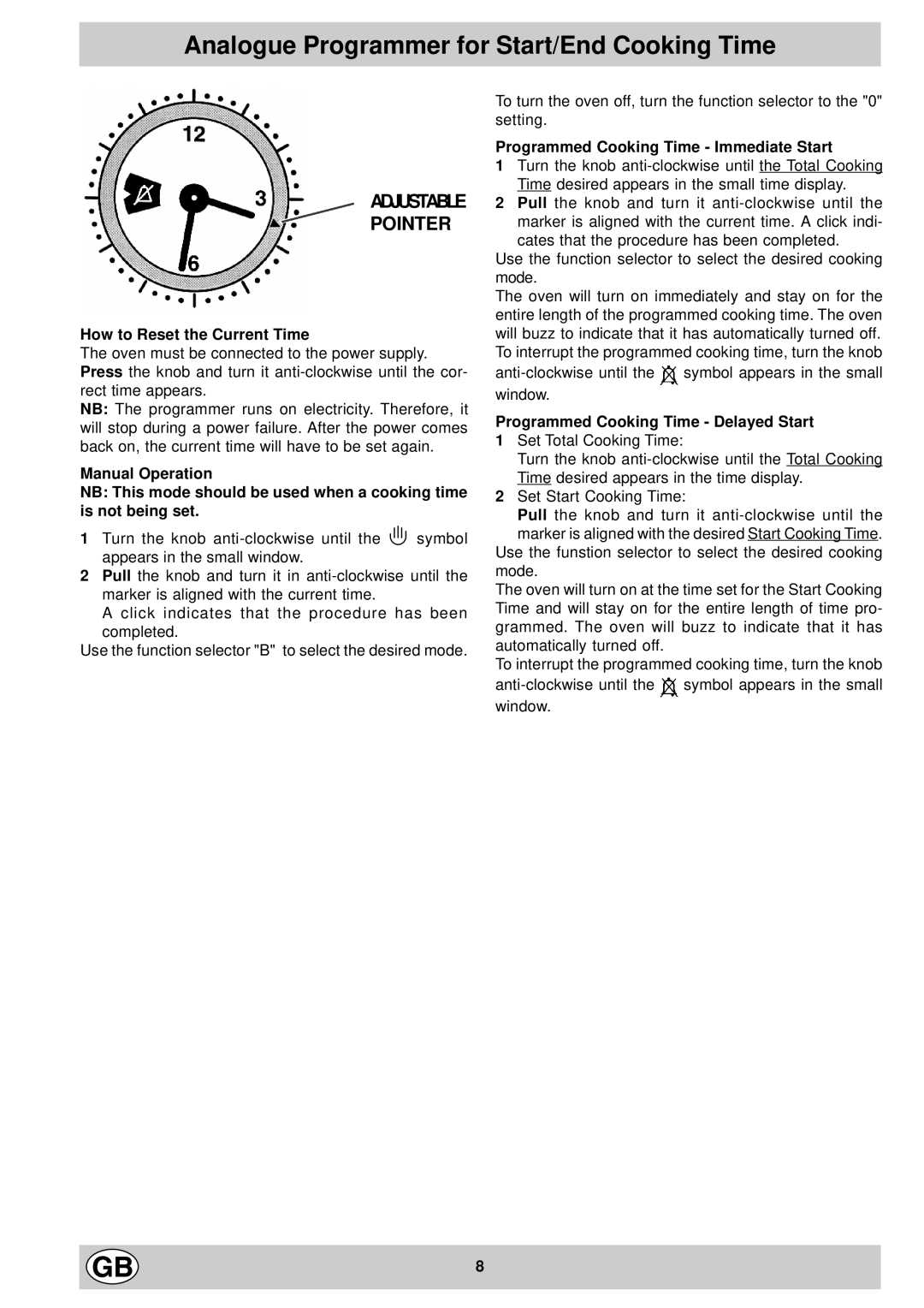 Hotpoint SX995X manual Analogue Programmer for Start/End Cooking Time, How to Reset the Current Time 