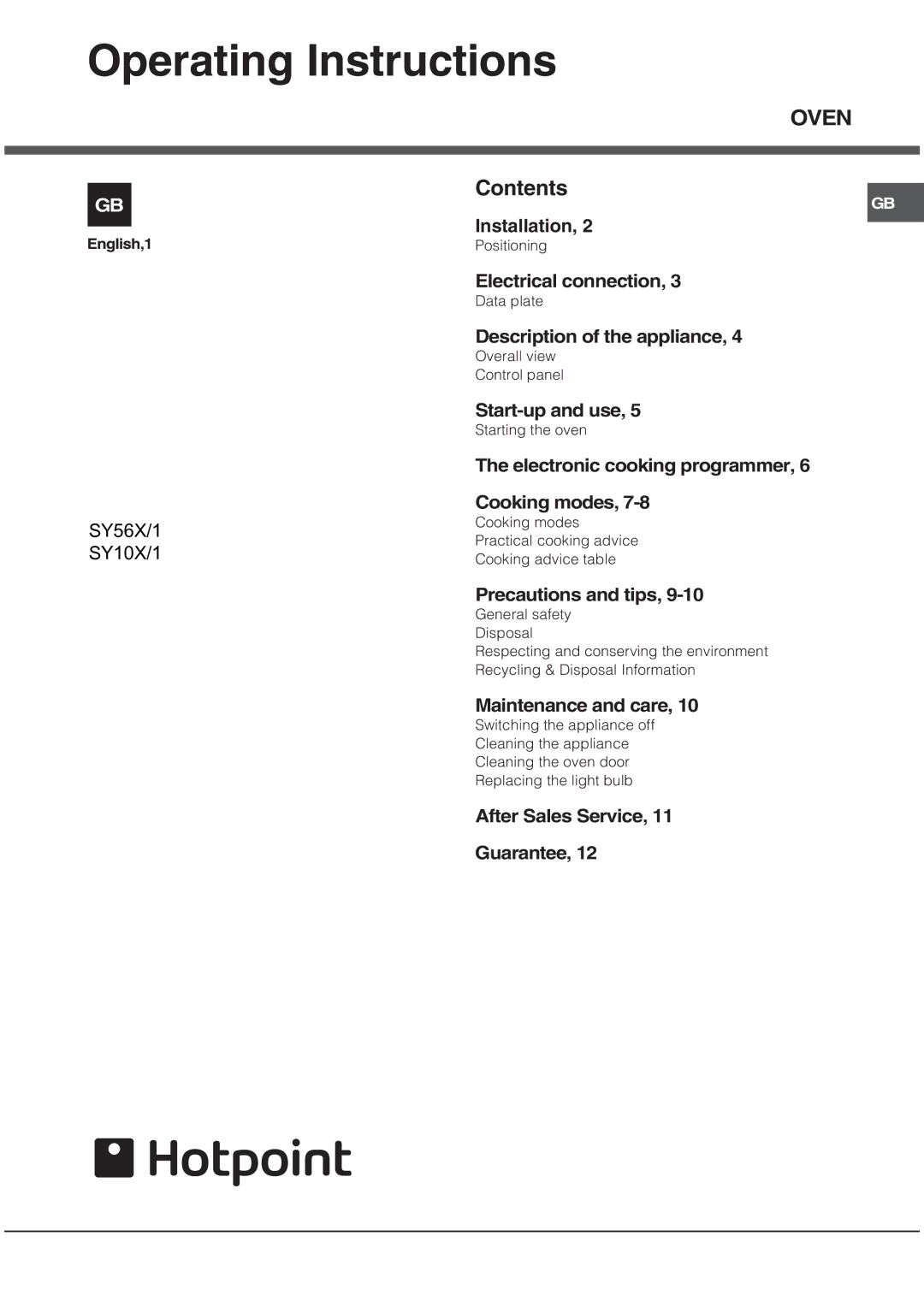 Hotpoint SY56X/1, SY10X/1 manual Operating Instructions, Oven 