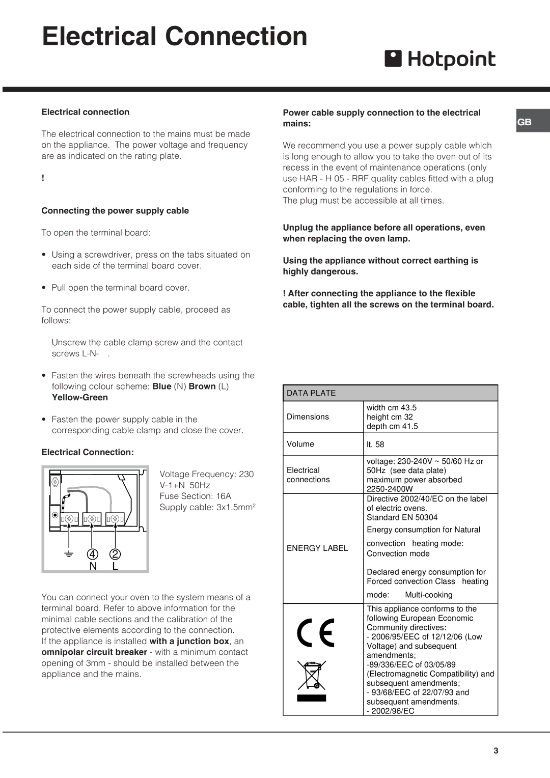 Hotpoint SY56X/1, SY10X/1 manual Electrical Connection, This Appliance Must be Earthed 